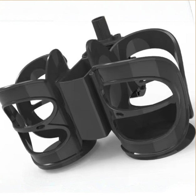 A pair of glossy black cup holders and phone holder with adjustable screw clip for beach cabana or umbrella poles