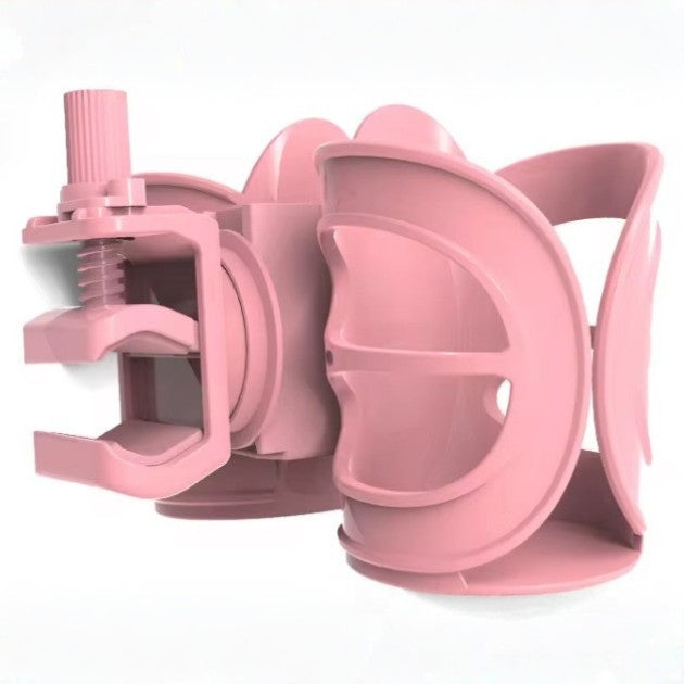 A pink plastic adjustable 2 cup holder and phones with a threaded screw adjustment and curved side cup holder arms, shown on a plain white background.