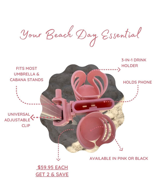 Pink beach cup holder that describes all the features of the product on white background